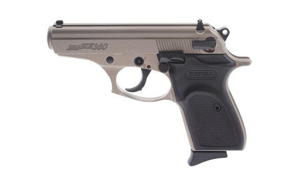 Bersa Thunder .380 ACP pistol with nickel cerakote finish.